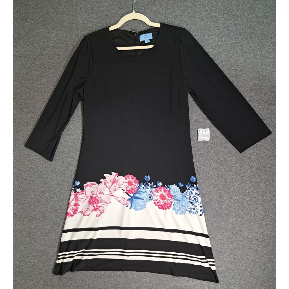 CeCe Womens Black Floral Border Print Striped Hem Long Sleeve Shift Dress L